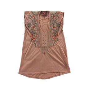 Johnny Was Pink Textured Fabric Embroidered Cap Sleeve Top - XS